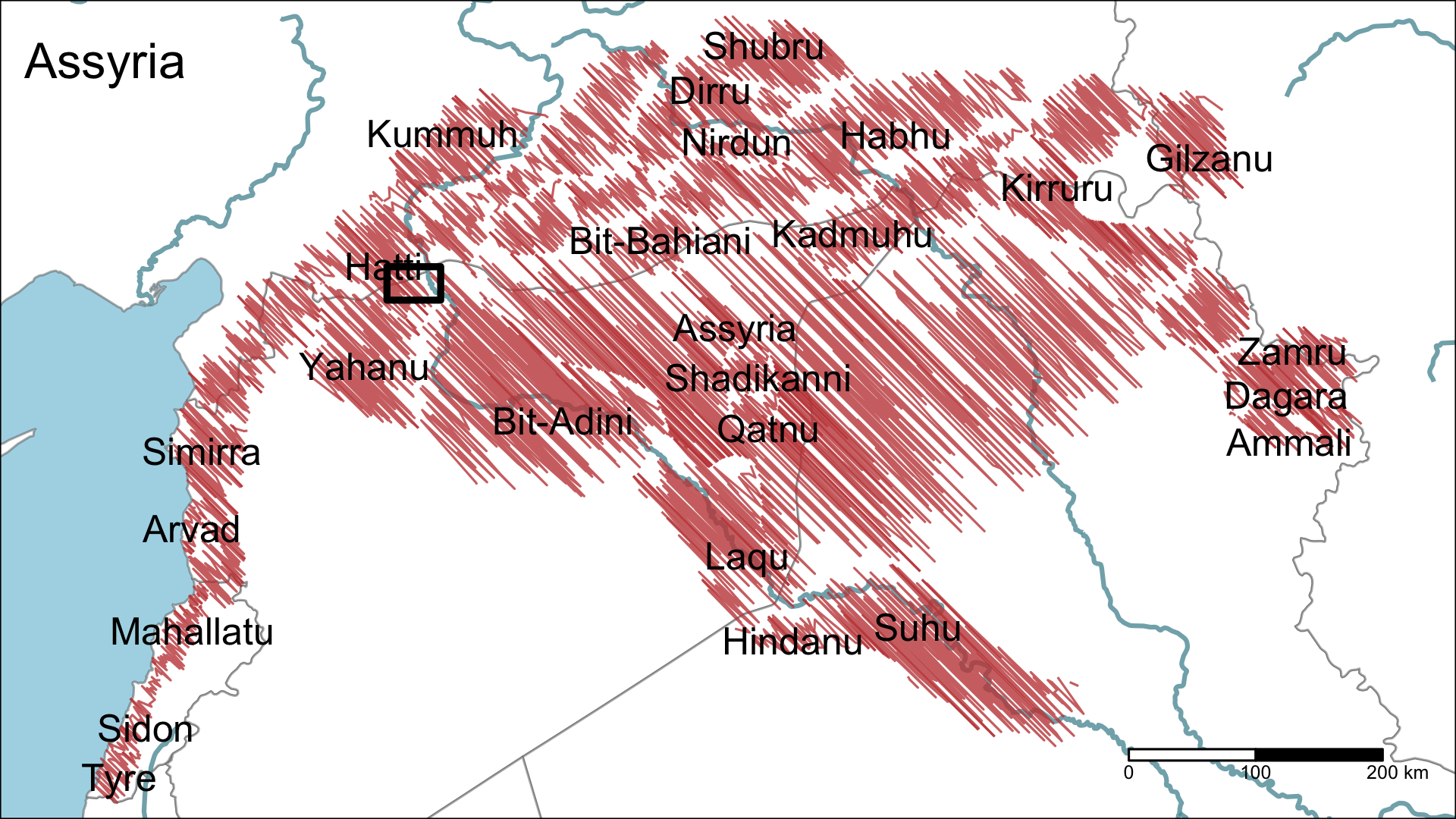 Figure 1: Politcal landscape of the northern Fertile Crescent at the beginning of the 9th century BCE - after (Baudains et al. 2015).